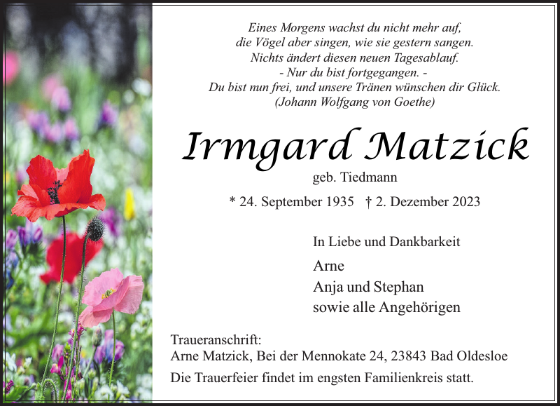 Irmgard Matzick: Traueranzeige : Stormarner Tageblatt