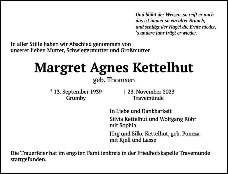 Margret Agnes Kettelhut Décès Schleswiger Nachrichten