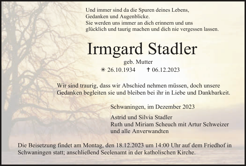 Irmgard Stadler: Traueranzeige : Badische Zeitung