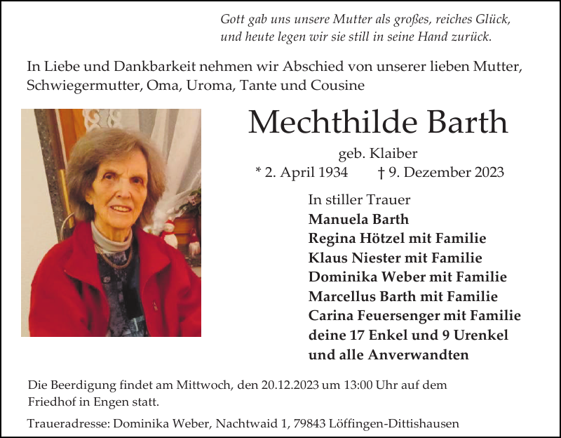 Mechthilde Barth: Traueranzeige : Badische Zeitung