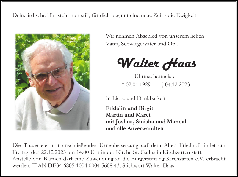 Walter Haas: Traueranzeige : Badische Zeitung