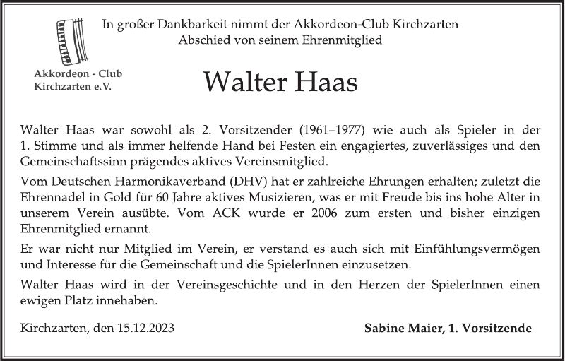 Walter Haas Traueranzeige Badische Zeitung
