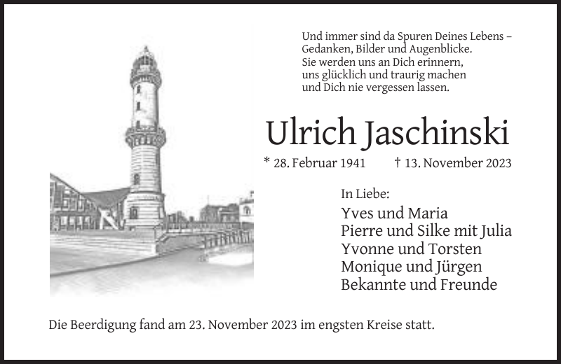 Ulrich Jaschinski: Traueranzeige : Solinger Tageblatt Trauer