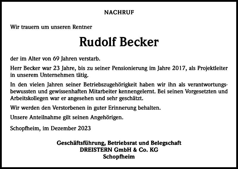 Rudolf Becker Traueranzeige Badische Zeitung