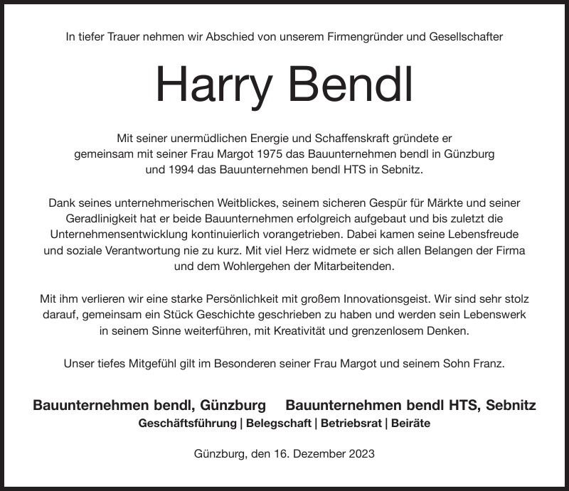 Harry Bendl Traueranzeige Sächsische Zeitung