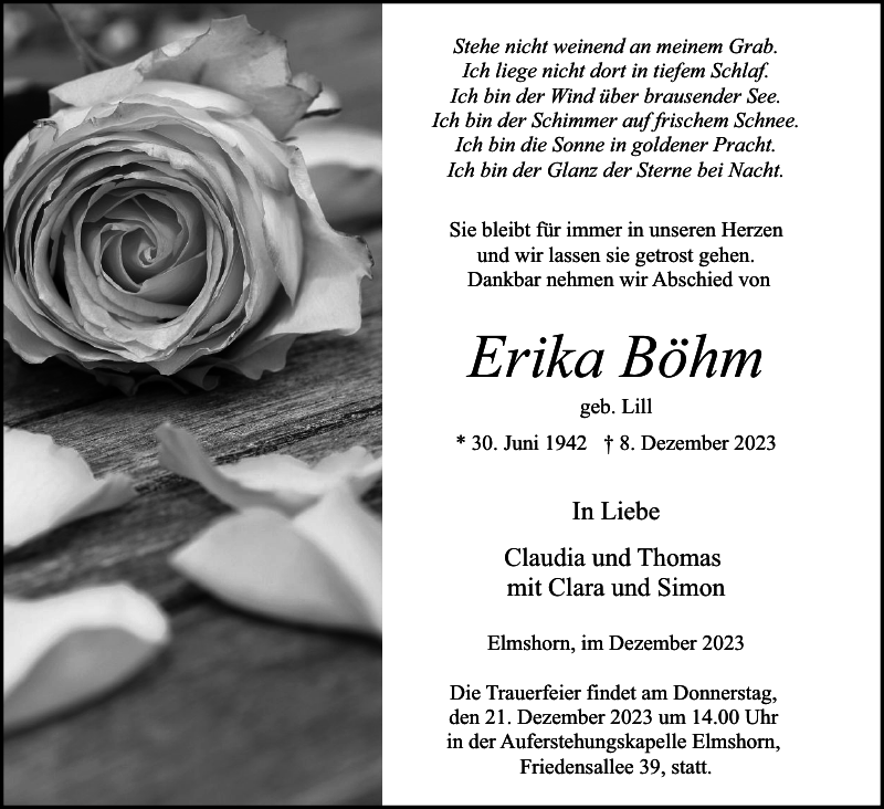 Erika Böhm Traueranzeige Elmshorner Nachrichten