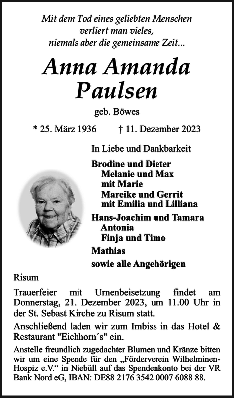 Anna Amanda Paulsen Traueranzeige Flensburger Tageblatt