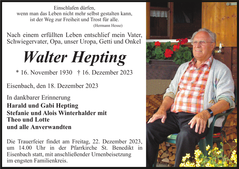 Walter Hepting Traueranzeige Badische Zeitung