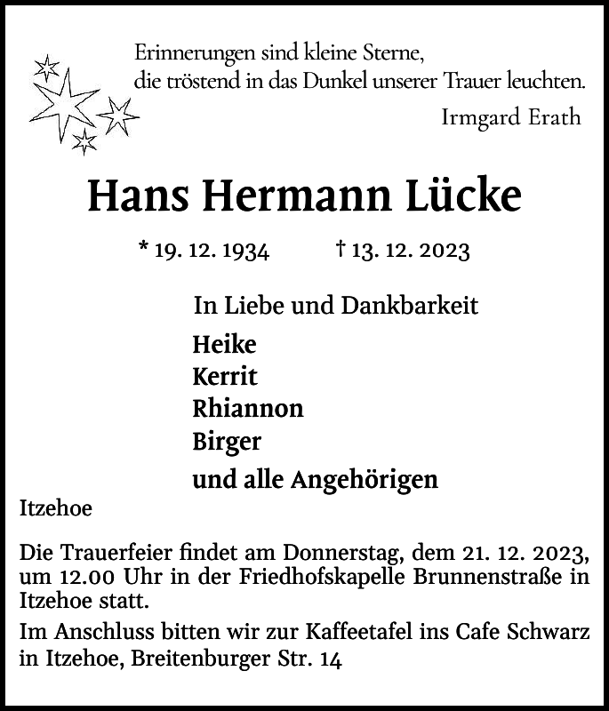 Hans Hermann Lücke Traueranzeige Norddeutsche Rundschau