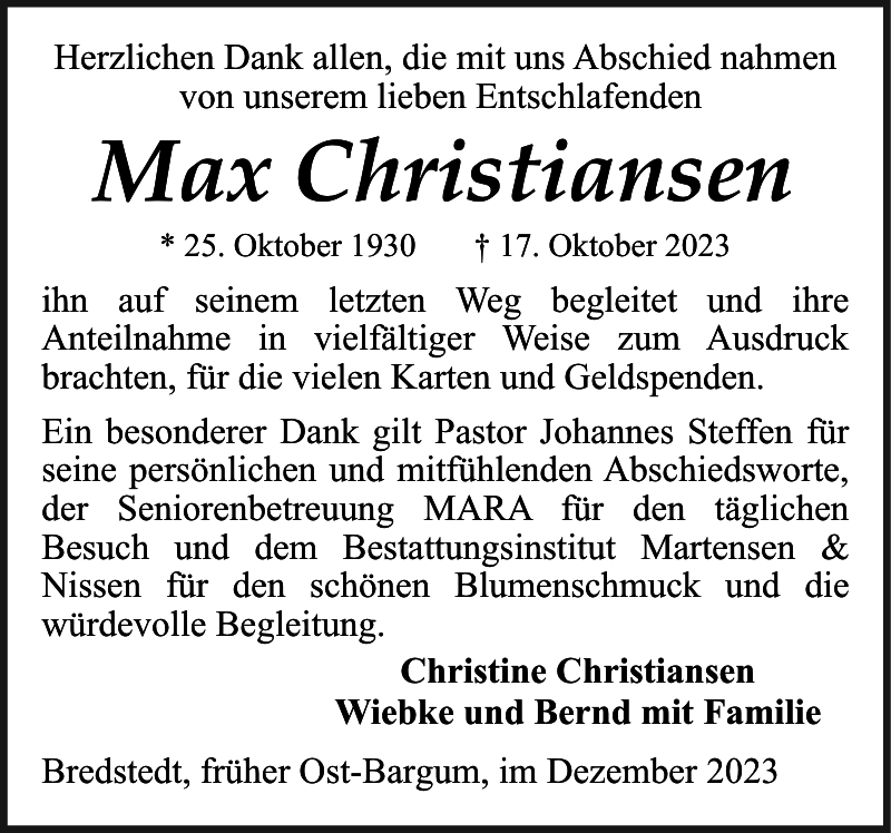 Max Christiansen Danksagung Husumer Nachrichten