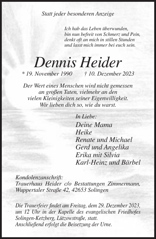 Dennis Heider: Traueranzeige : Solinger Tageblatt Trauer