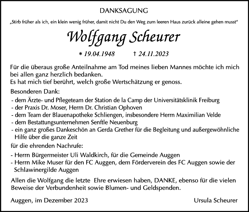 Wolfgang Scheurer Danksagung Badische Zeitung