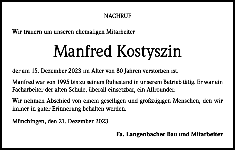 Manfred Kostyszin Nachruf Badische Zeitung