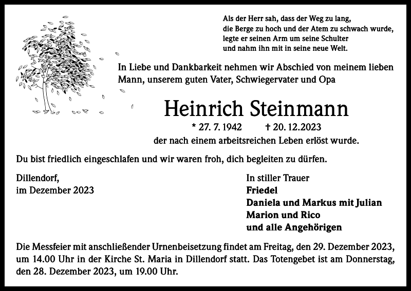 Heinrich Steinmann Traueranzeige Badische Zeitung