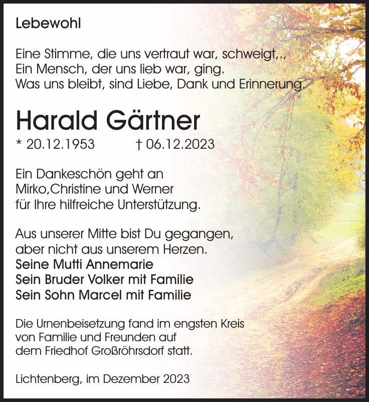 Harald Gärtner Traueranzeige Sächsische Zeitung