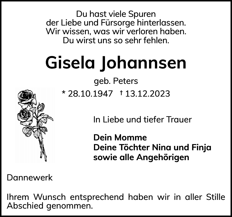 Gisela Johannsen: Traueranzeige : Schleswiger Nachrichten