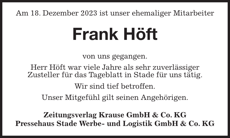 Frank Höft Nachruf Stader Tageblatt