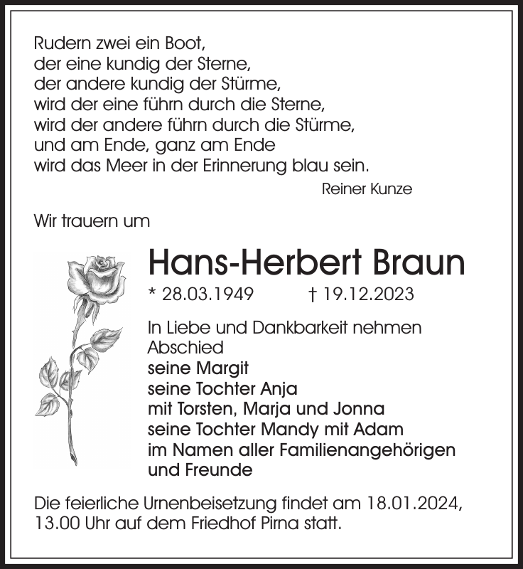Hans-Herbert Braun : Traueranzeige : Sächsische Zeitung