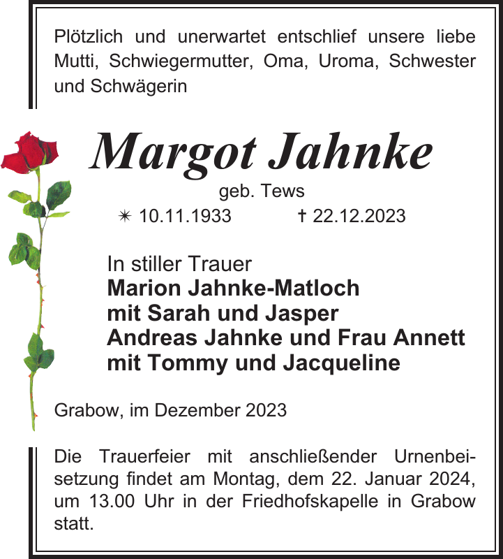 Margot Jahnke Traueranzeige Ludwigsluster Tageblatt