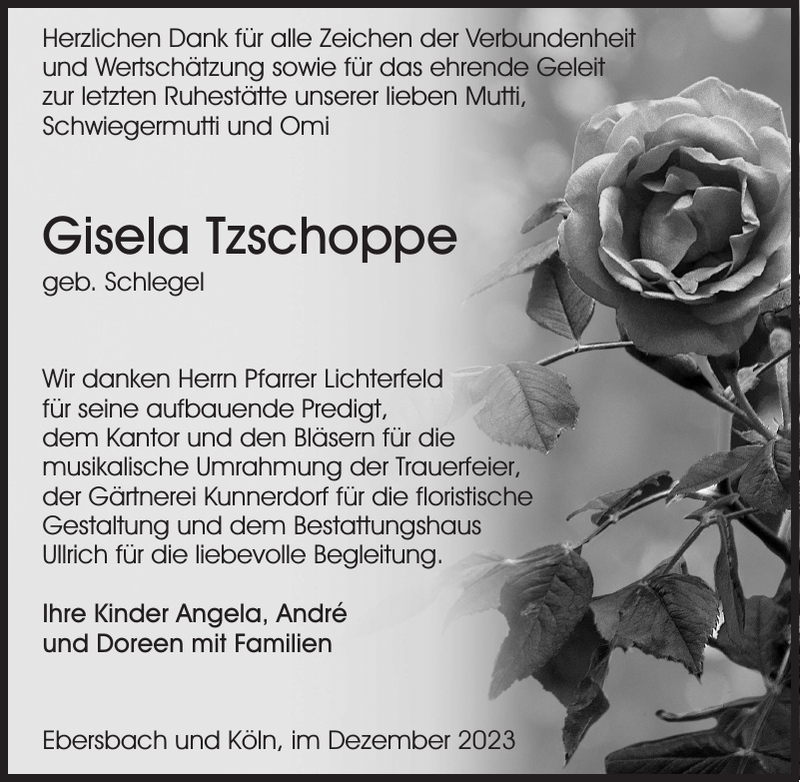 Gisela Tzschoppe Traueranzeige Sächsische Zeitung
