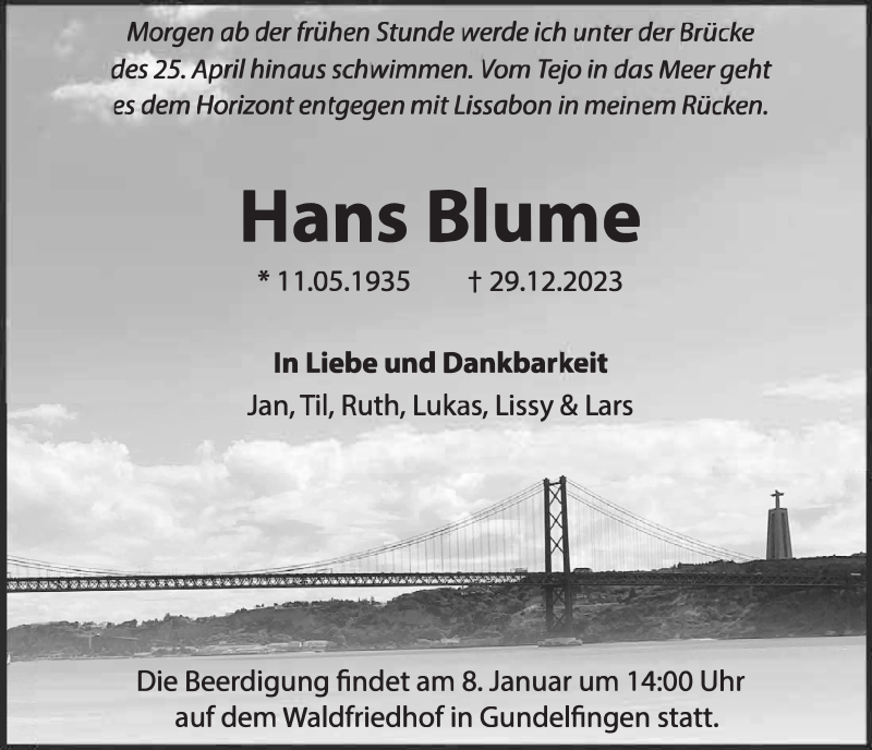 Hans Blume Traueranzeige Badische Zeitung
