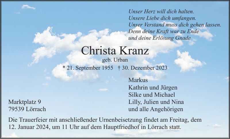 Christa Kranz Traueranzeige Badische Zeitung 