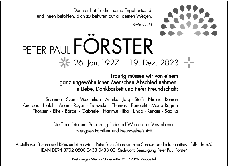 Peter Paul FÖRSTER Traueranzeige Westdeutsche Zeitung
