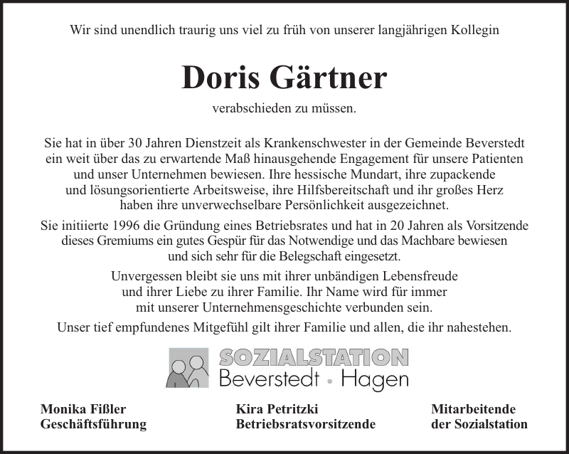 Doris Gärtner Nachruf NordseeZeitung