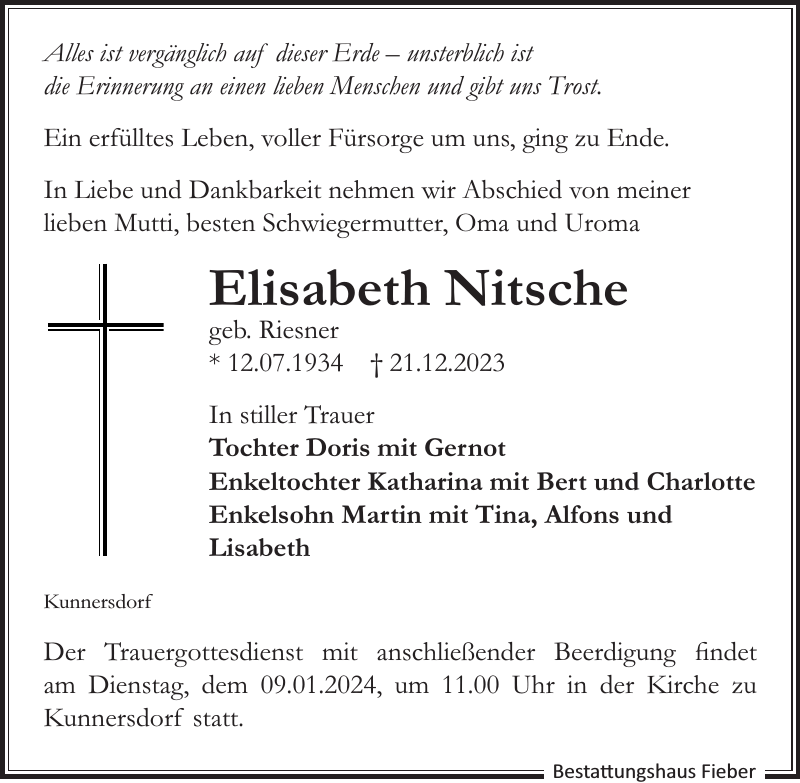 Elisabeth Nitsche Traueranzeige Sächsische Zeitung