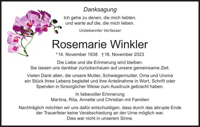 Rosemarie Winkler Danksagung Badische Zeitung