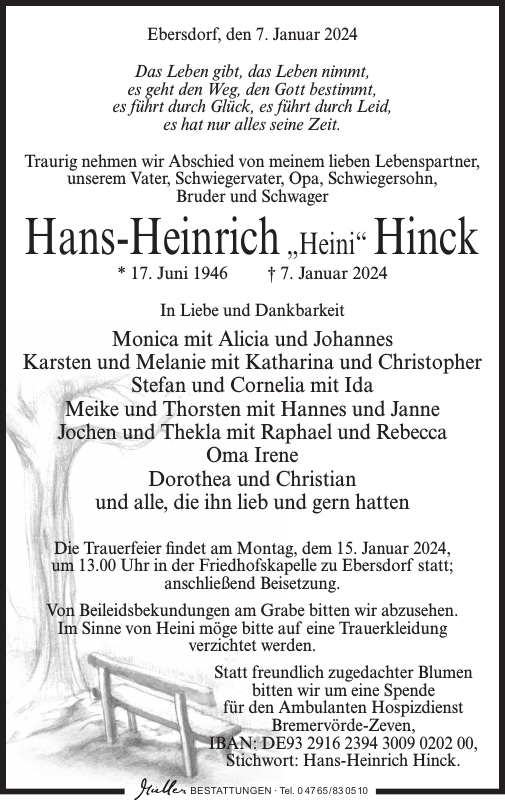 HansHeinrich Hinck Traueranzeige Bremervörder Zeitung
