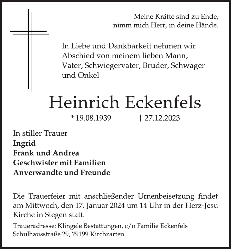 Heinrich Eckenfels Traueranzeige Badische Zeitung