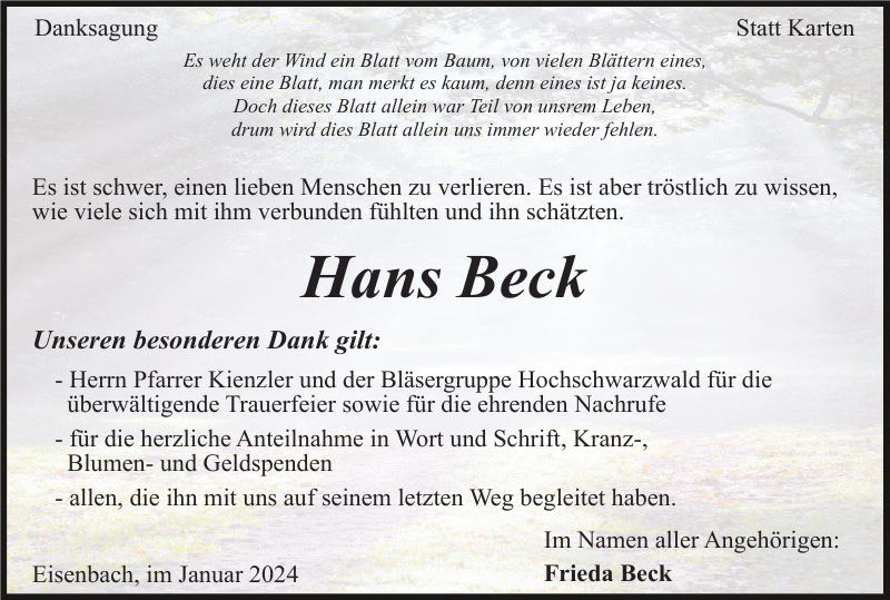 Hans Beck Traueranzeige Badische Zeitung