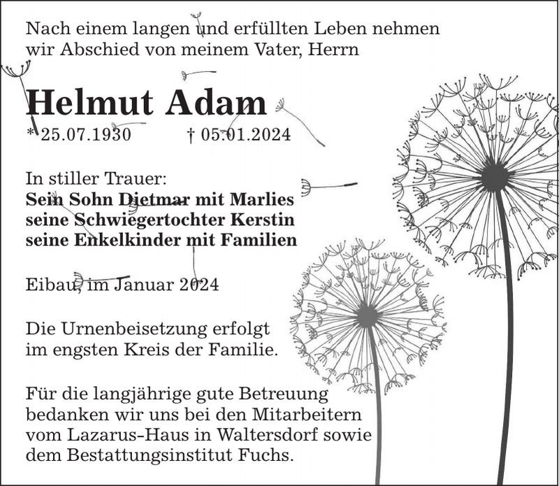 Helmut Adam Traueranzeige Sächsische Zeitung