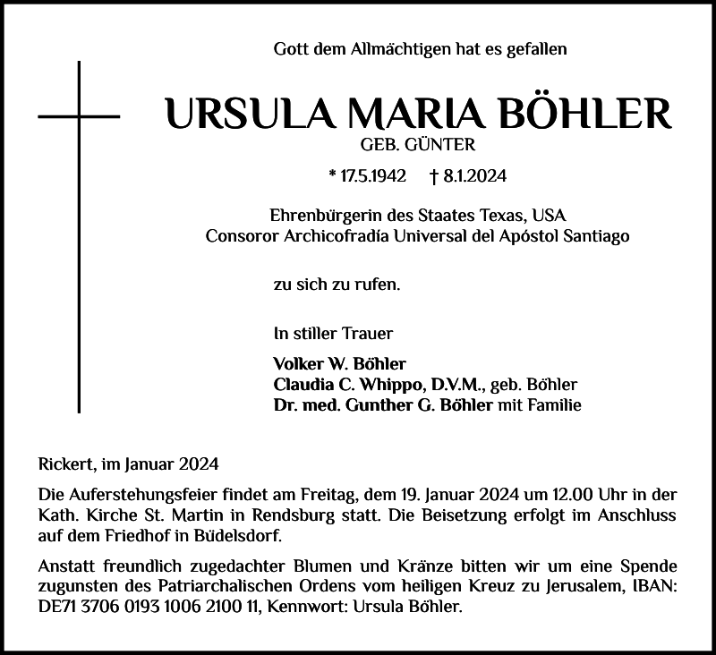 URSULA MARIA BÖHLER: Traueranzeige : Landeszeitung