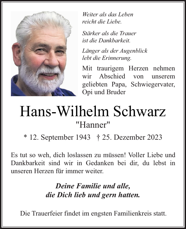 HansWilhelm Schwarz Traueranzeige Der Prignitzer