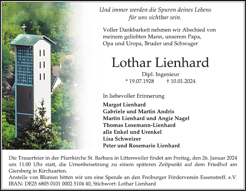 Lothar Lienhard Traueranzeige Badische Zeitung