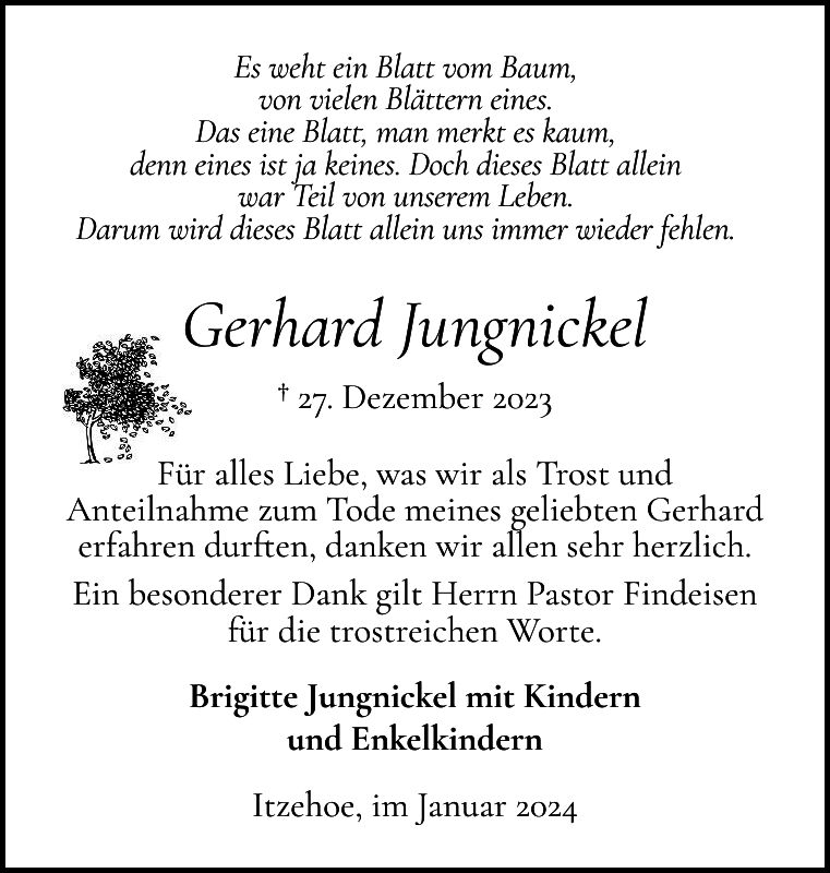 Gerhard Jungnickel Danksagung Norddeutsche Rundschau