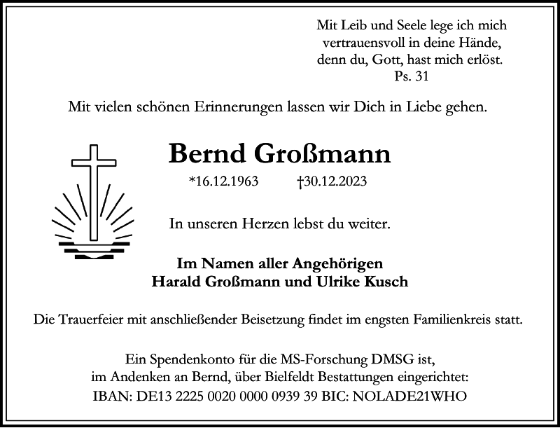 Bernd Großmann: Traueranzeige : Landeszeitung