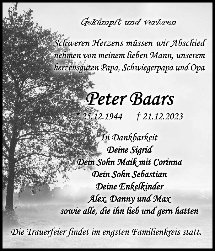 Peter Baars: Traueranzeige : Der Prignitzer
