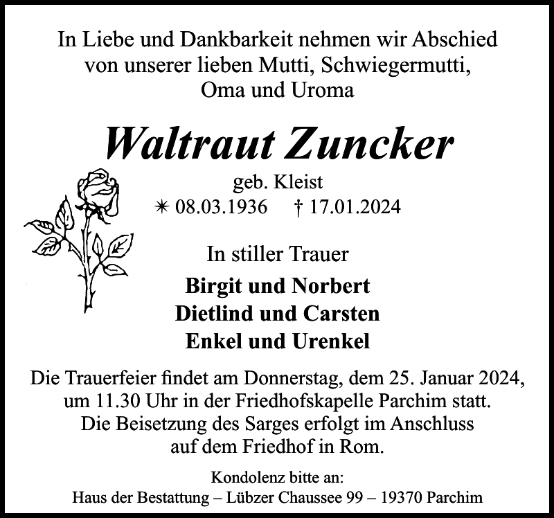 Waltraut Zuncker Danksagung Parchimer Zeitung