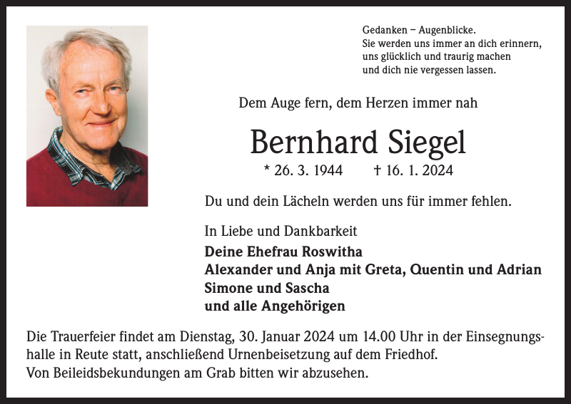 Bernhard Siegel Traueranzeige Badische Zeitung