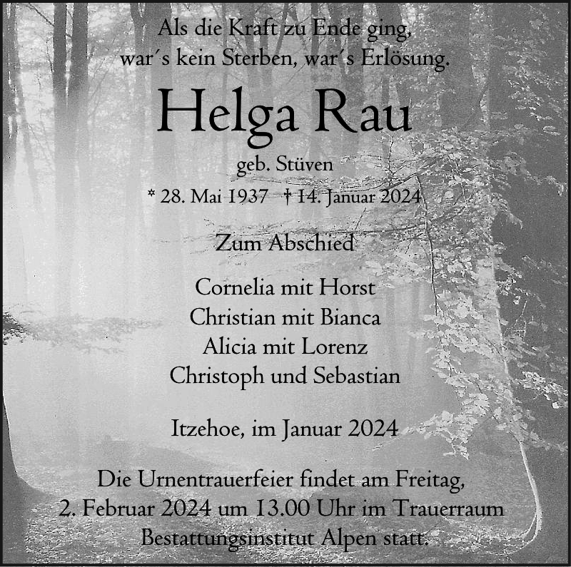 Helga Rau Traueranzeige Norddeutsche Rundschau