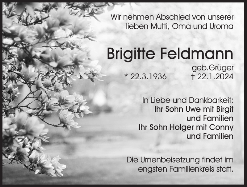 Brigitte Feldmann Traueranzeige Sächsische Zeitung
