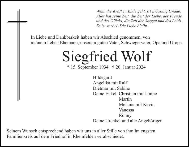 Siegfried Wolf Traueranzeige Badische Zeitung