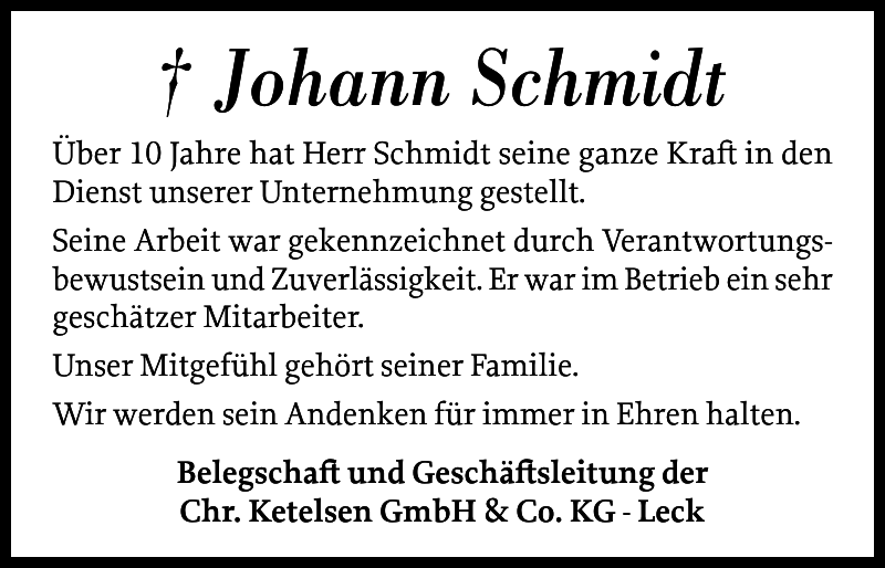 Johann Schmidt: Gedenken : Husumer Nachrichten