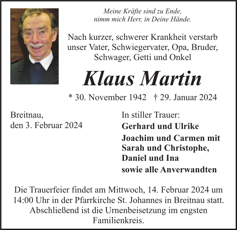 Klaus Martin Traueranzeige Badische Zeitung