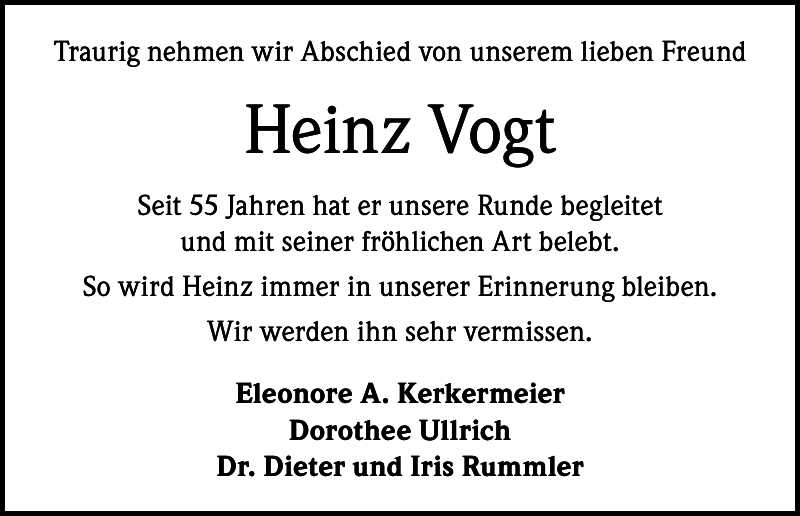 Heinz Vogt Traueranzeige Badische Zeitung