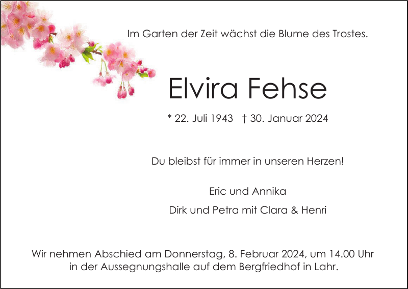 Elvira Fehse Traueranzeige Badische Zeitung