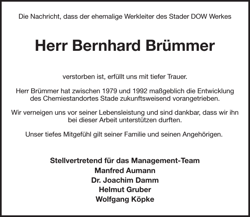 Bernhard Brümmer Nachruf Stader Tageblatt